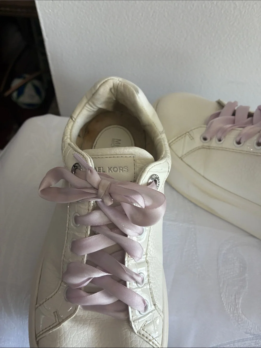 Michael Kors Cream Leather Sneakers with Light Pink Ribbon Laces